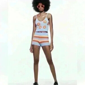 NEW Zara Light Blue Orange Floral Jacquard Knit Sweater Crop Cami Top